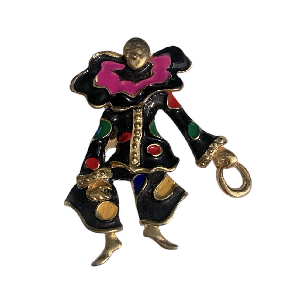 Vintage Articulated Harlequin Clown Enamel Brooch Pin